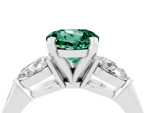 White gold Three-Stone Round Cut Green Sapphire Ring with Pear Side Stones and Four-Prong Setting_27