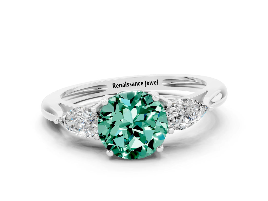 White gold Three-Stone Round Cut Green Sapphire Ring with Pear  Side Stones in Four-Prong Setting_24
