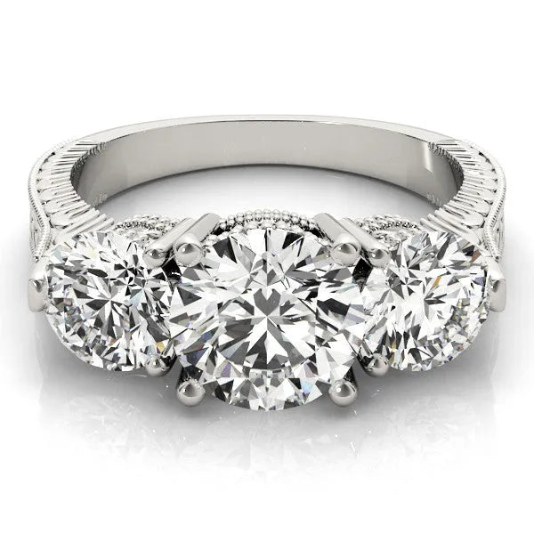 White gold Three-Stone Round Cut Milgrain Band Prong Setting Ring