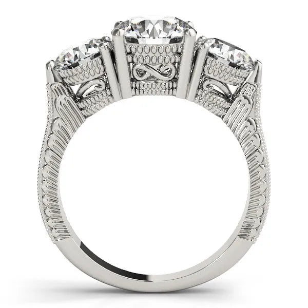 White gold Three-Stone Round Cut Milgrain Band Prong Setting Ring
