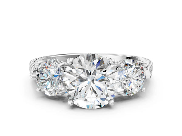 White gold Three-Stone Round Cut Milgrain Band Prong Setting Ring