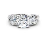 White gold Three-Stone Round Cut Milgrain Band Prong Setting Ring_32