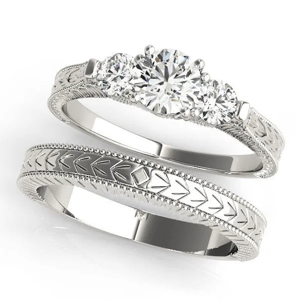 White gold Three-Stone Round Cut Milgrain Band with Prong Setting