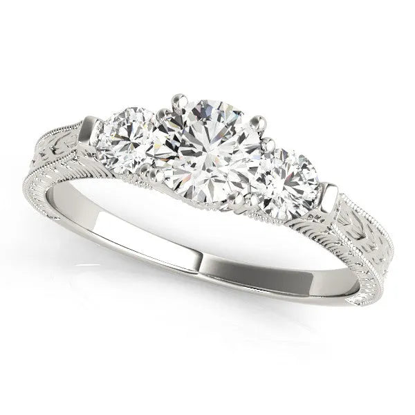 White gold Three-Stone Round Cut Milgrain Band with Prong Setting