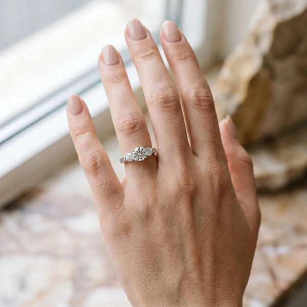 White gold Three-Stone Round Cut Milgrain Band with Prong Setting