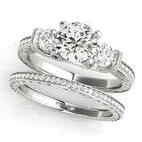 White gold Three-Stone Round Cut Milgrain Pave Band Prong Setting Ring 1