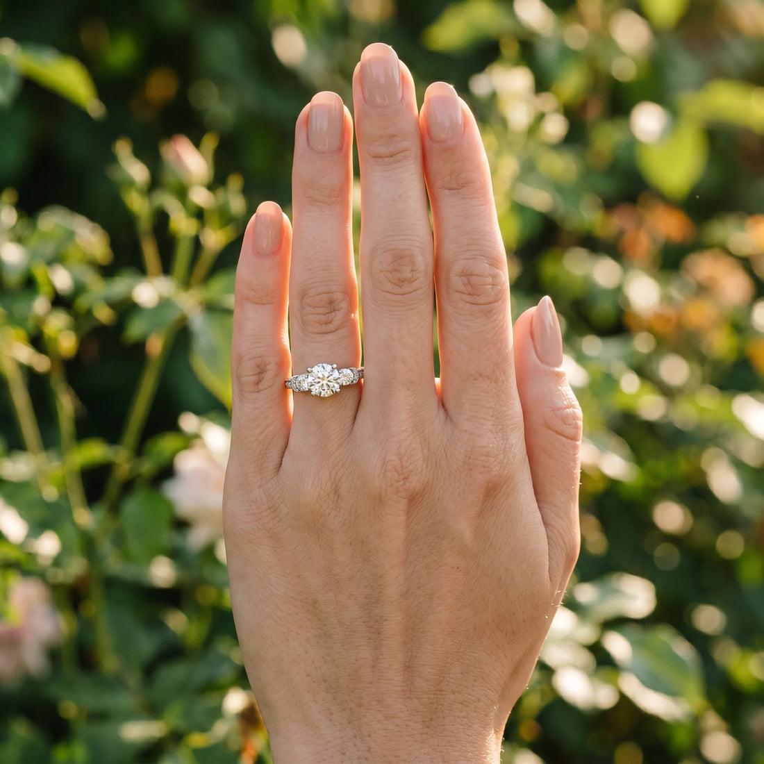 White gold Three-Stone Round Cut Milgrain Pave Band Prong Setting Ring_30