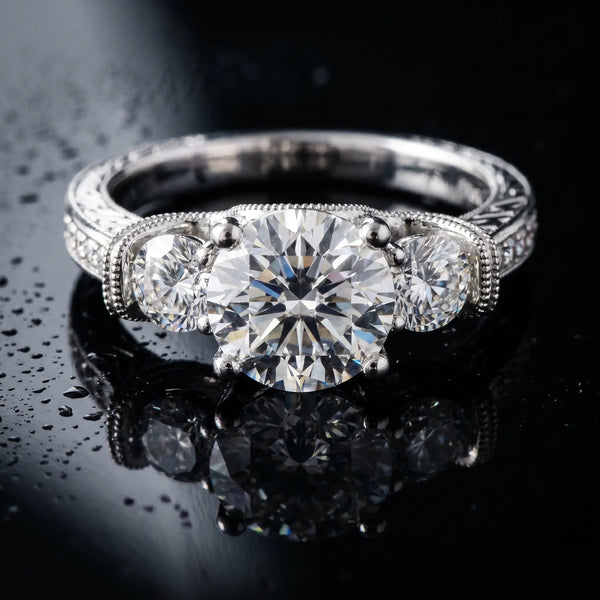 White gold Three-Stone Round Cut Milgrain Pave Band Prong Setting Ring