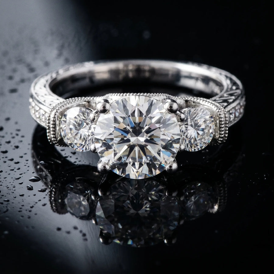 White gold Three-Stone Round Cut Milgrain Pave Band Prong Setting Ring