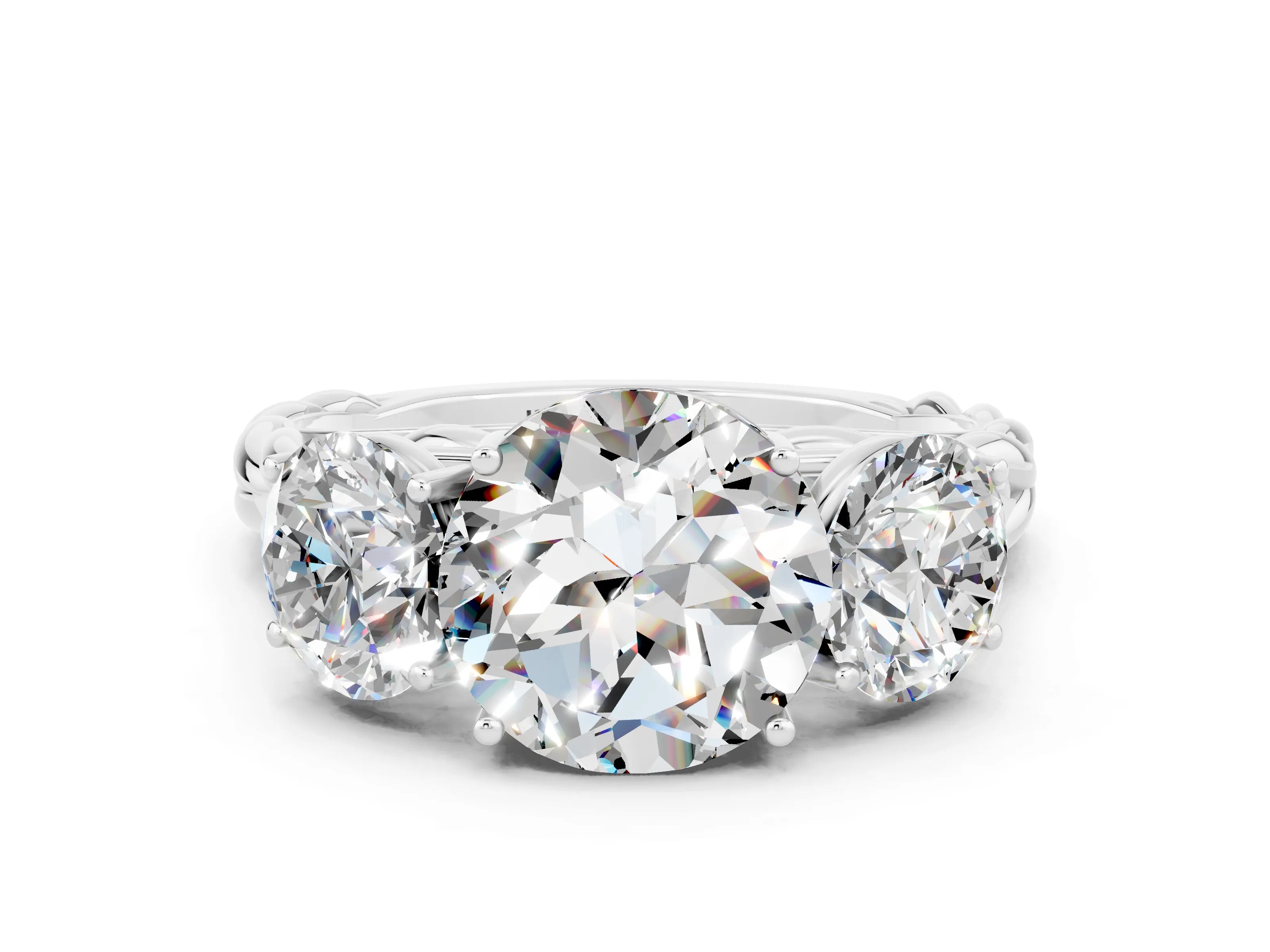 White gold Three-Stone Round Cut Moissanite Braided Band Ring with Four-Prong Setting_12