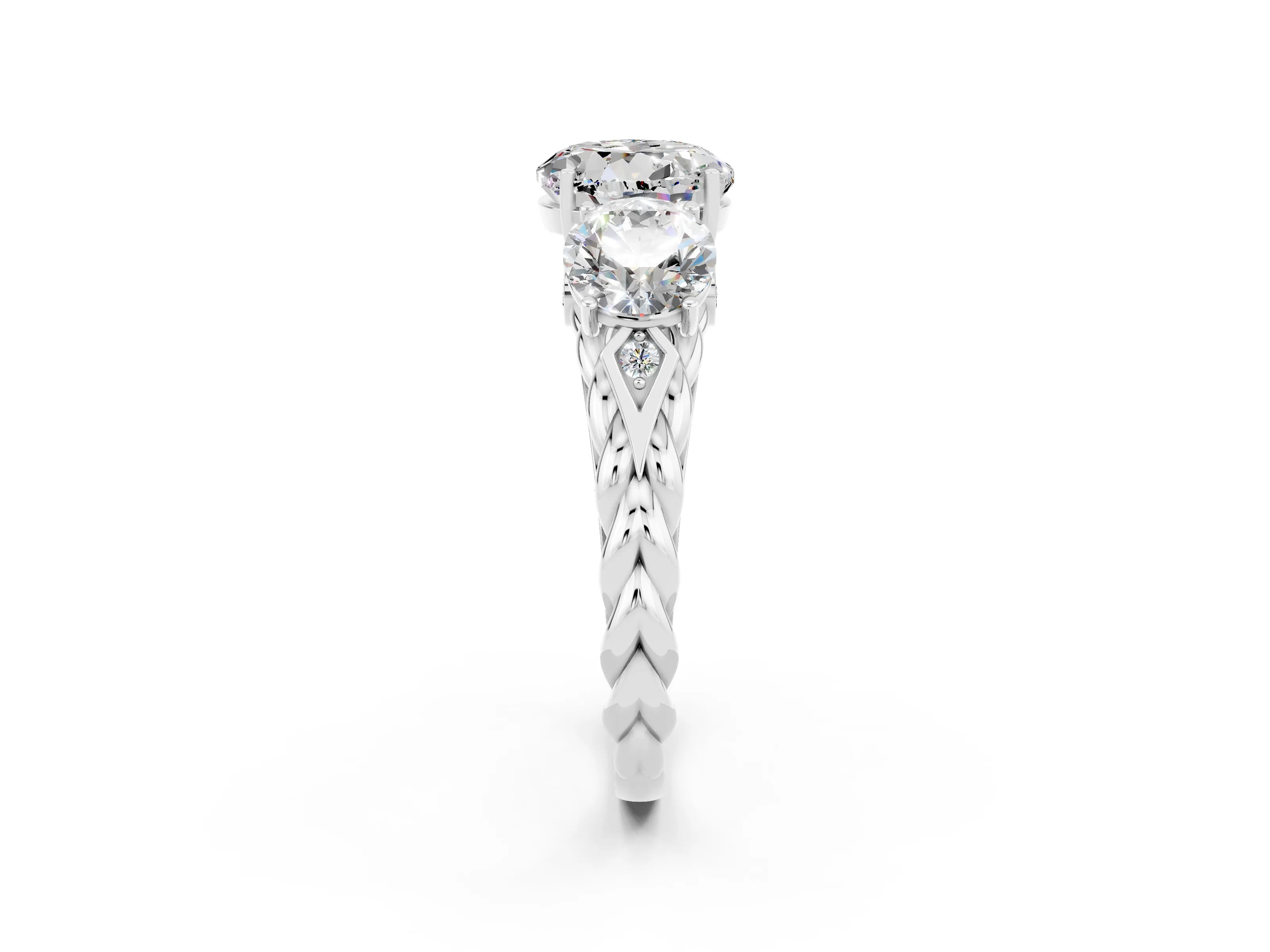 White gold Three-Stone Round Cut Moissanite Braided Band Ring with Four-Prong Setting_14
