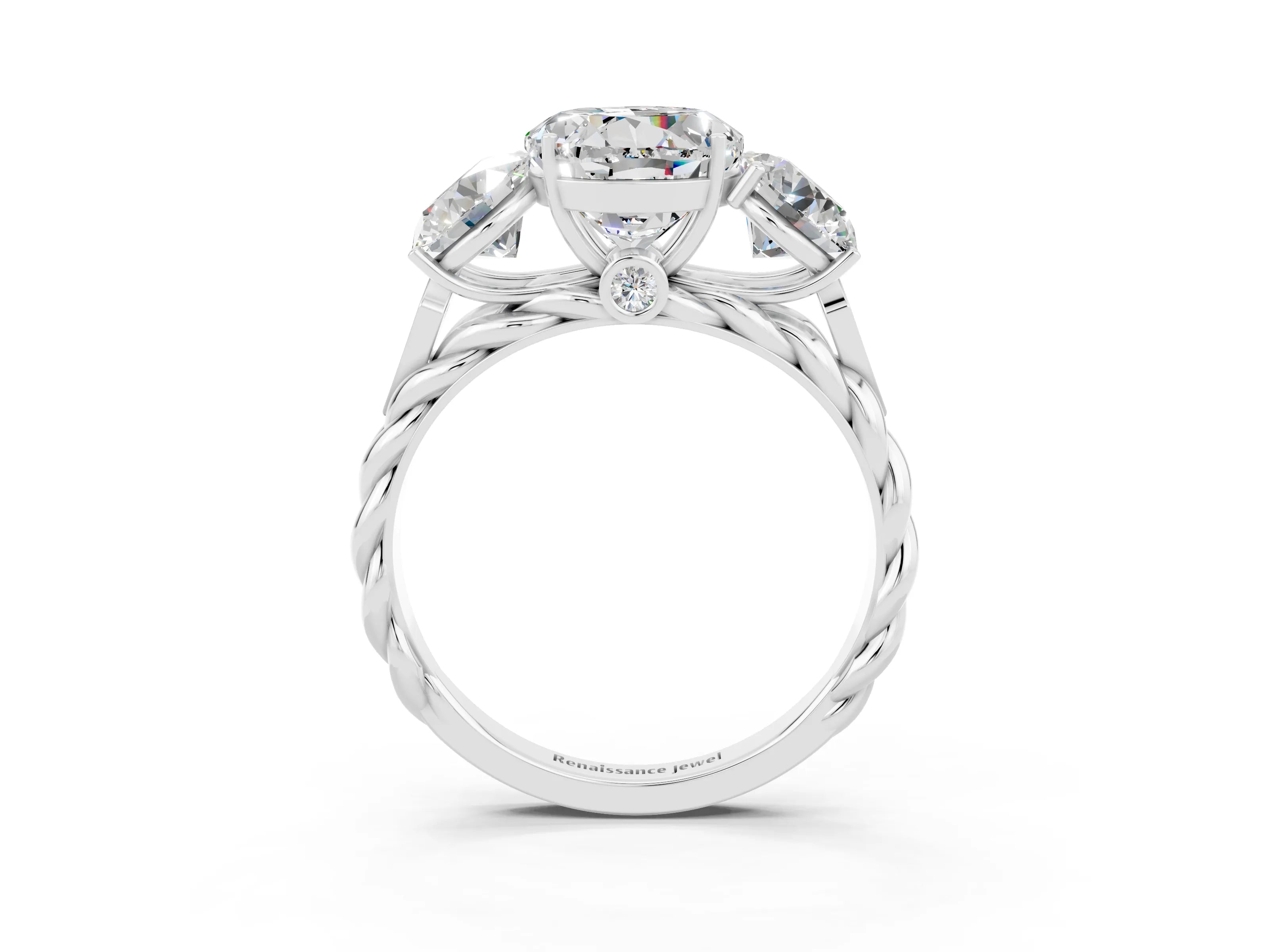 White gold Three-Stone Round Cut Moissanite Braided Band Ring with Four-Prong Setting_15