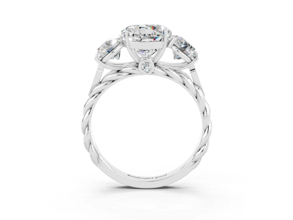 Platinum Three-Stone Round Cut Moissanite Braided Band Ring with Four-Prong Setting
