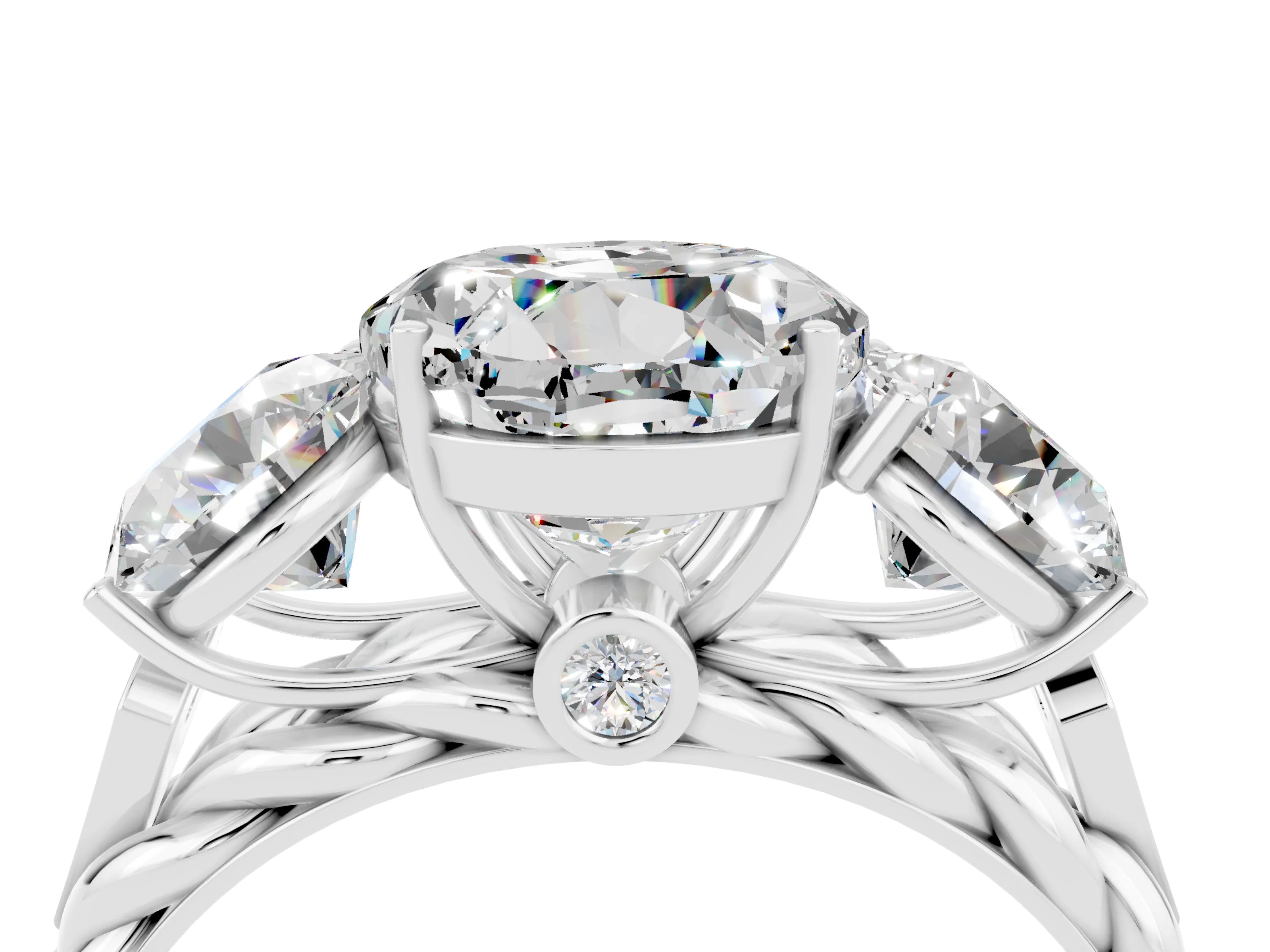 White gold Three-Stone Round Cut Moissanite Braided Band Ring with Four-Prong Setting_16