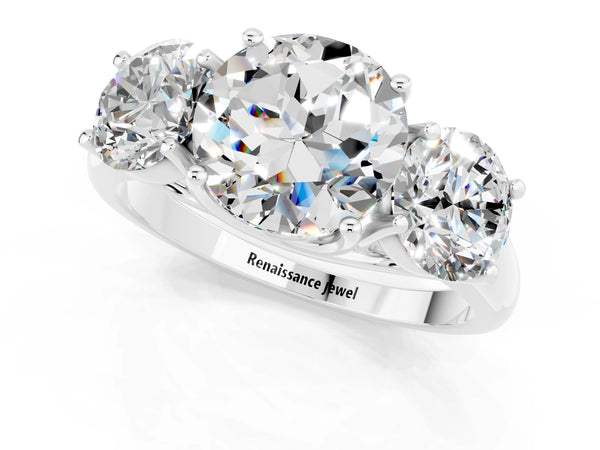 Silver Three-Stone Round Cut Moissanite Engagement Ring with Prong Setting