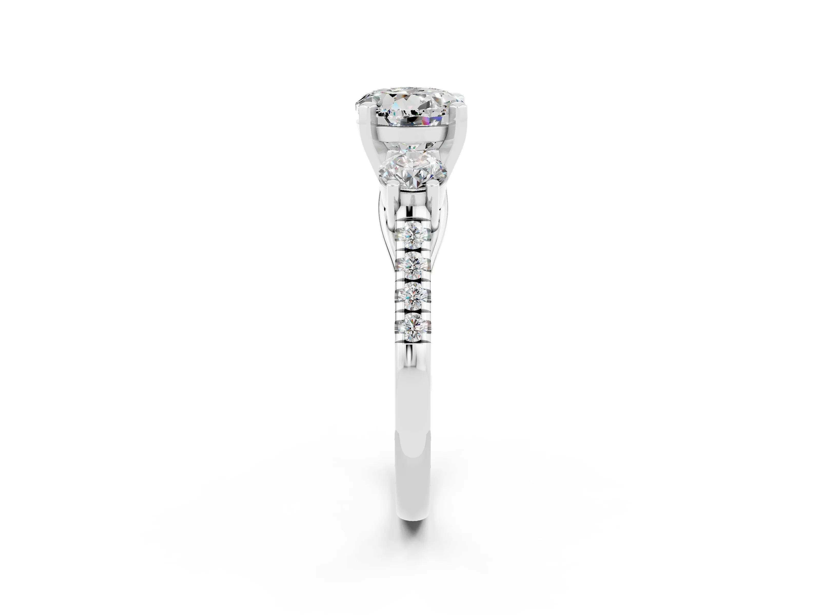 White gold Three-Stone Round Cut Moissanite Pavé Band with Four-Prong Setting_2