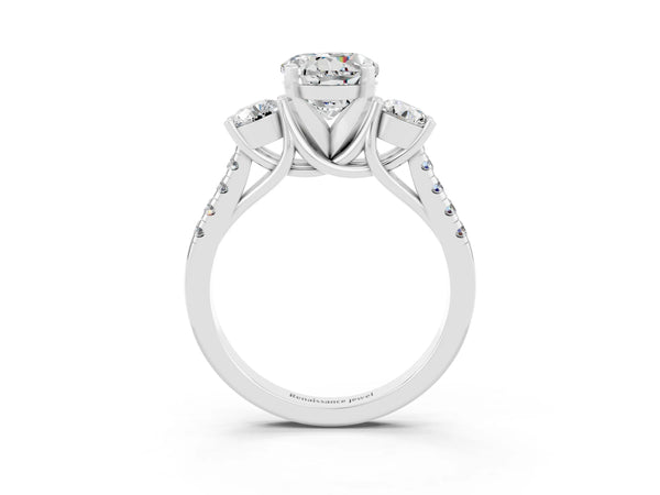 Platinum Three-Stone Round Cut Moissanite Pavé Band with Four-Prong Setting