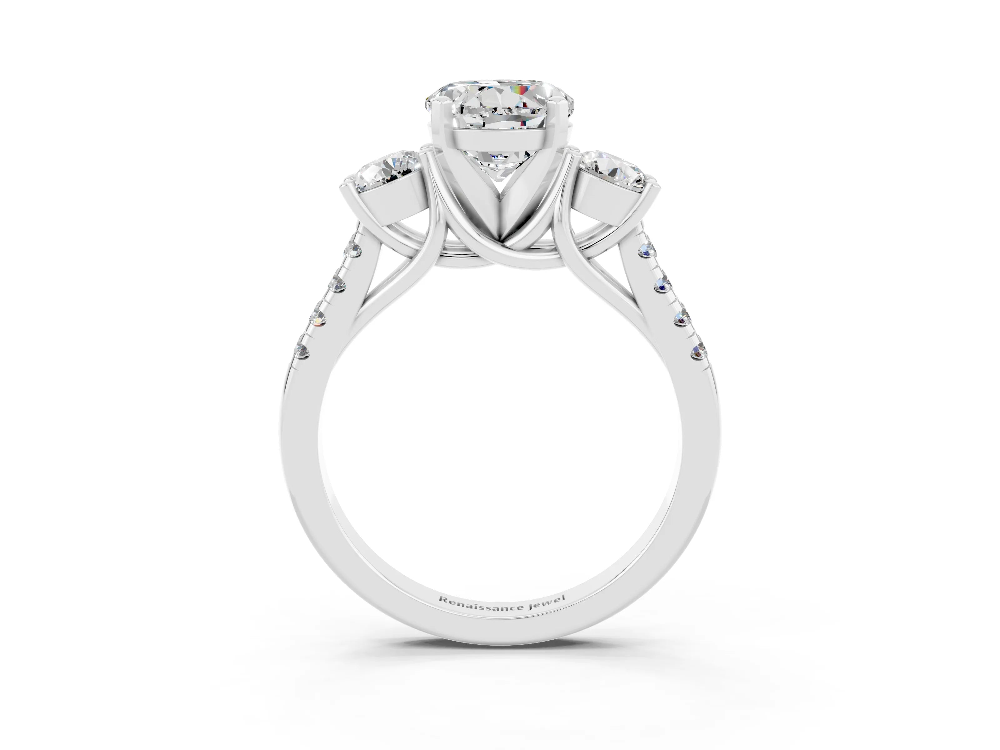 White gold Three-Stone Round Cut Moissanite Pavé Band with Four-Prong Setting_3