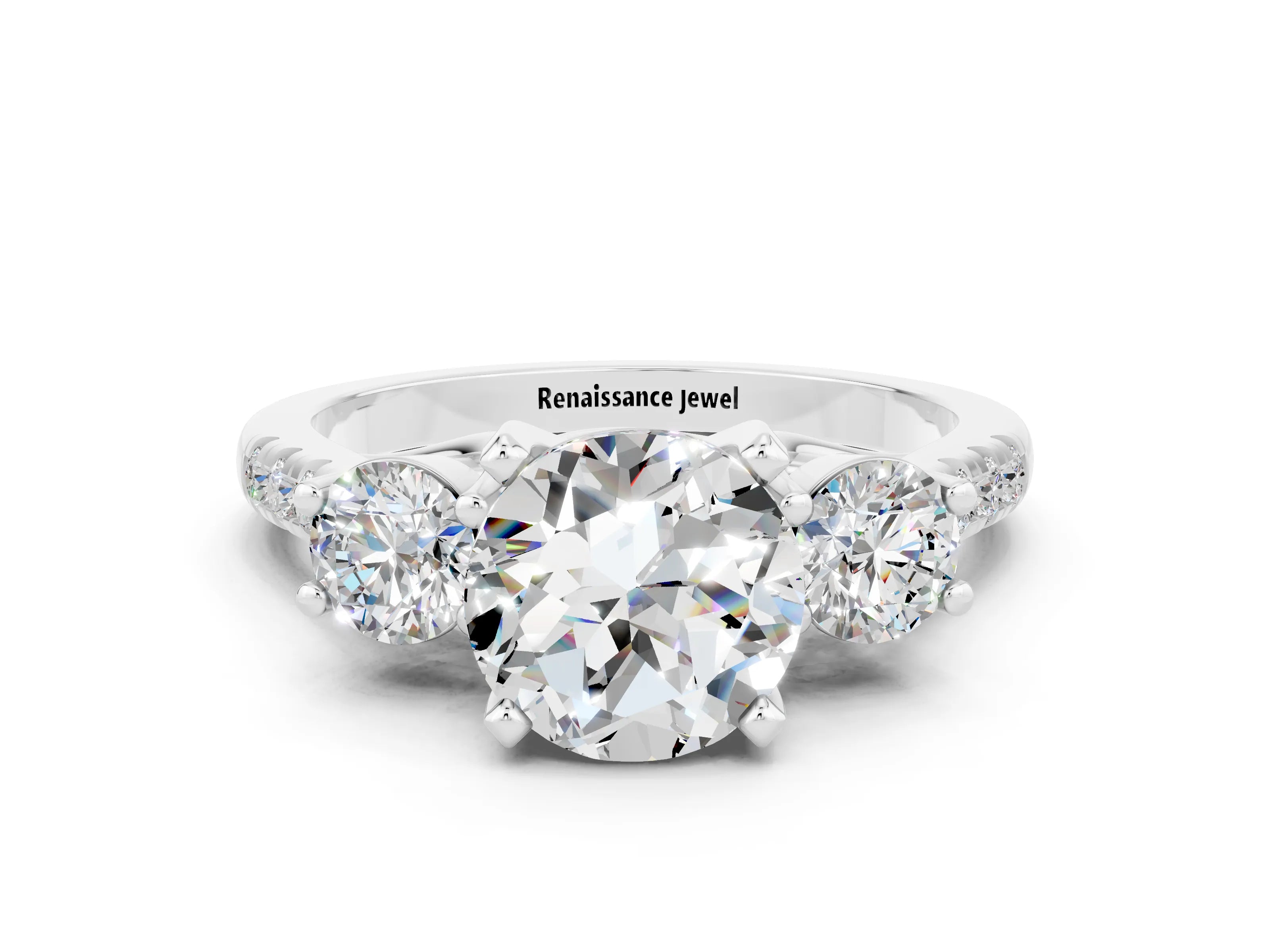 White gold Three-Stone Round Cut Moissanite Pavé Band with Four-Prong Setting