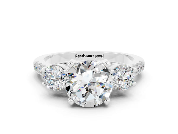 Silver Three-Stone Round Cut Moissanite Pavé Band with Four-Prong Setting