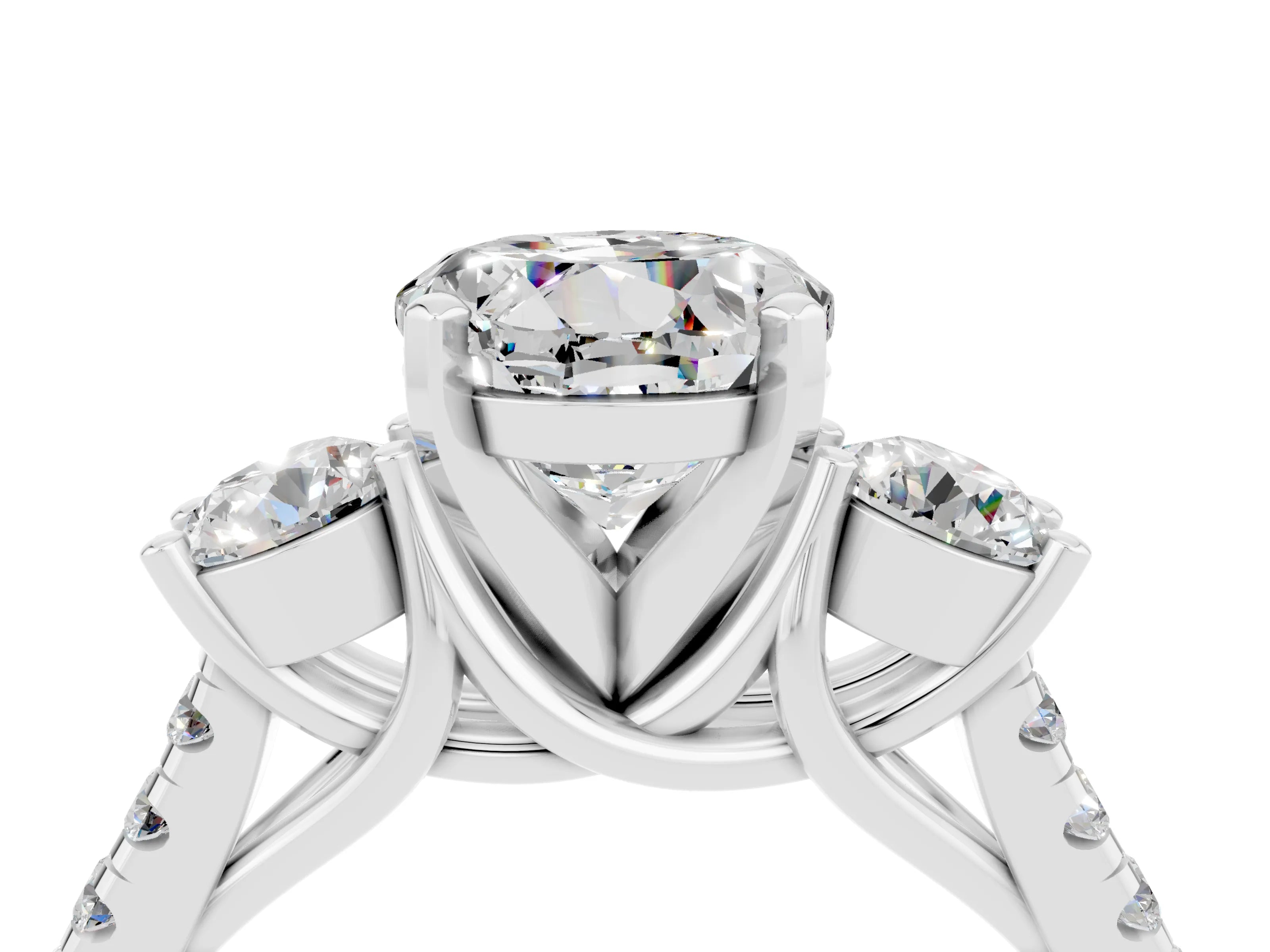 White gold Three-Stone Round Cut Moissanite Pavé Band with Four-Prong Setting_4