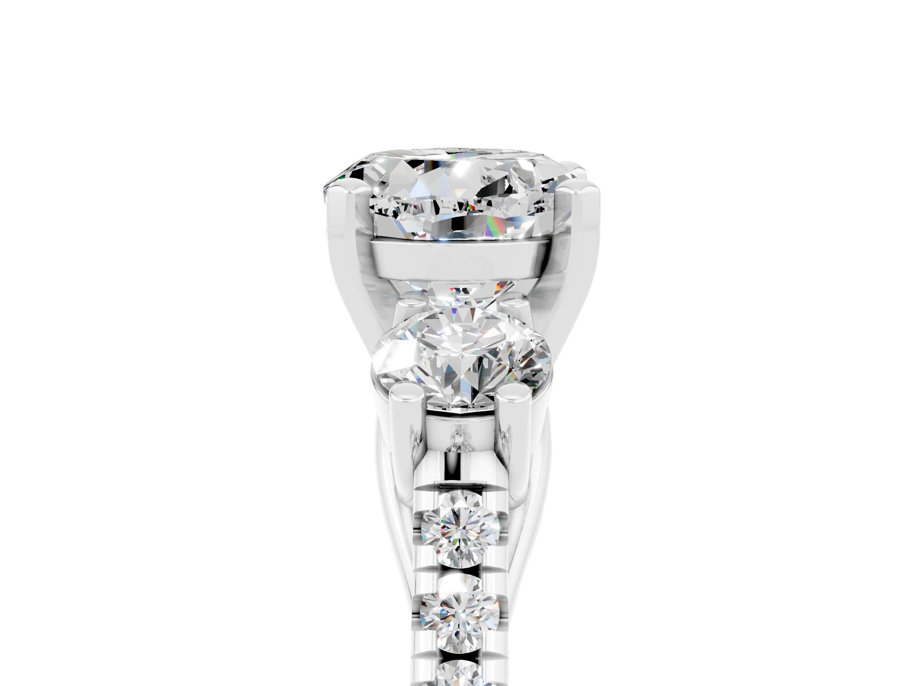 White gold Three-Stone Round Cut Moissanite Pavé Band with Four-Prong Setting_5