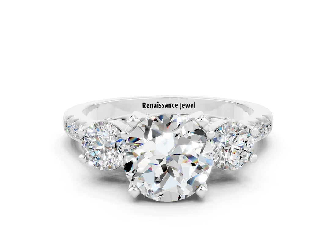 White gold Three-Stone Round Cut Moissanite Pavé Band with Four-Prong Setting