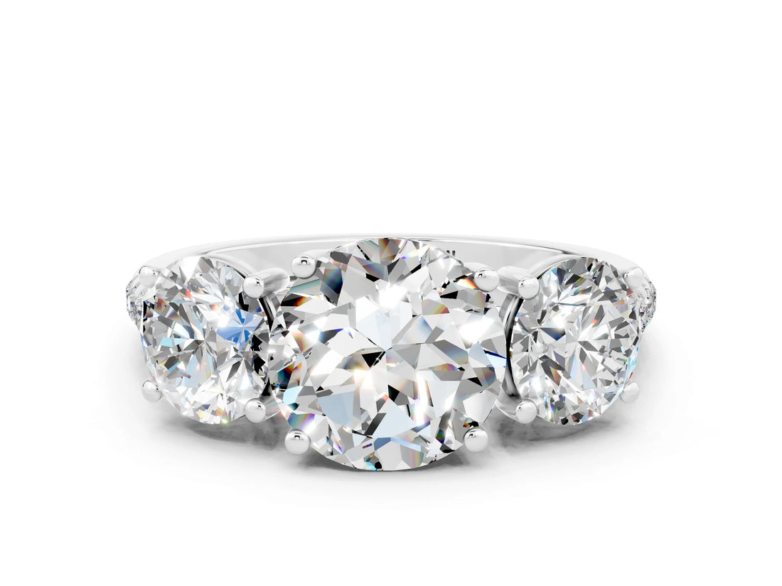 White gold Three-Stone Round Cut Moissanite Ring with Pavé Band and Prong Setting_12