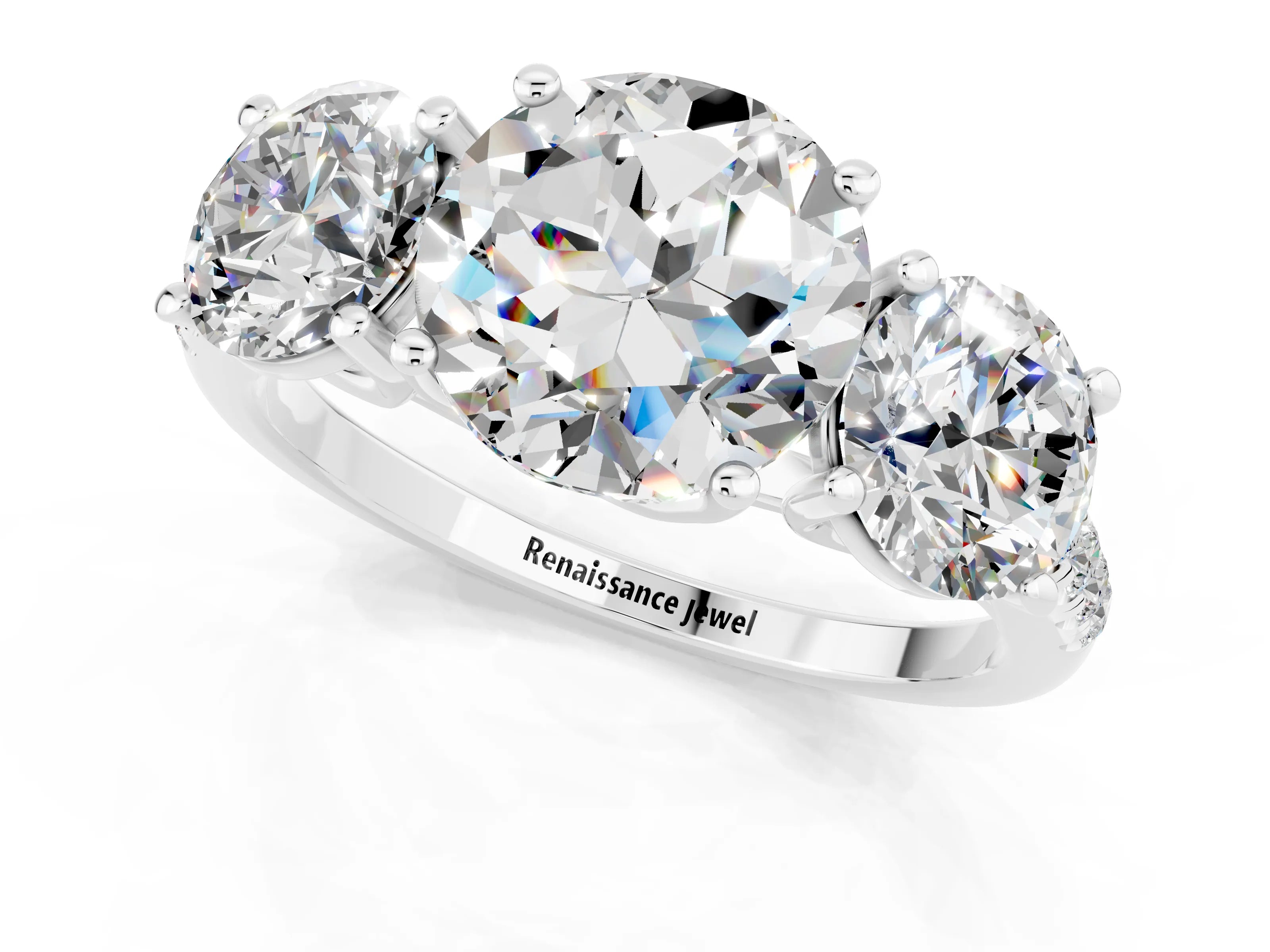White gold Three-Stone Round Cut Moissanite Ring with Pavé Band and Prong Setting_13