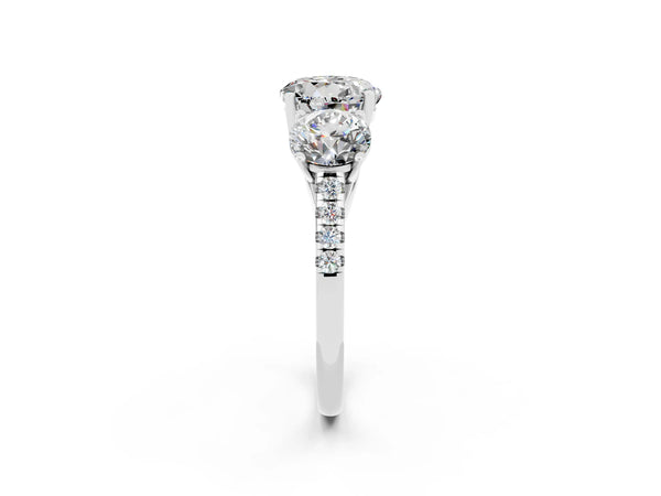 Silver Three-Stone Round Cut Moissanite Ring with Round  Pavé Band and Prong Setting