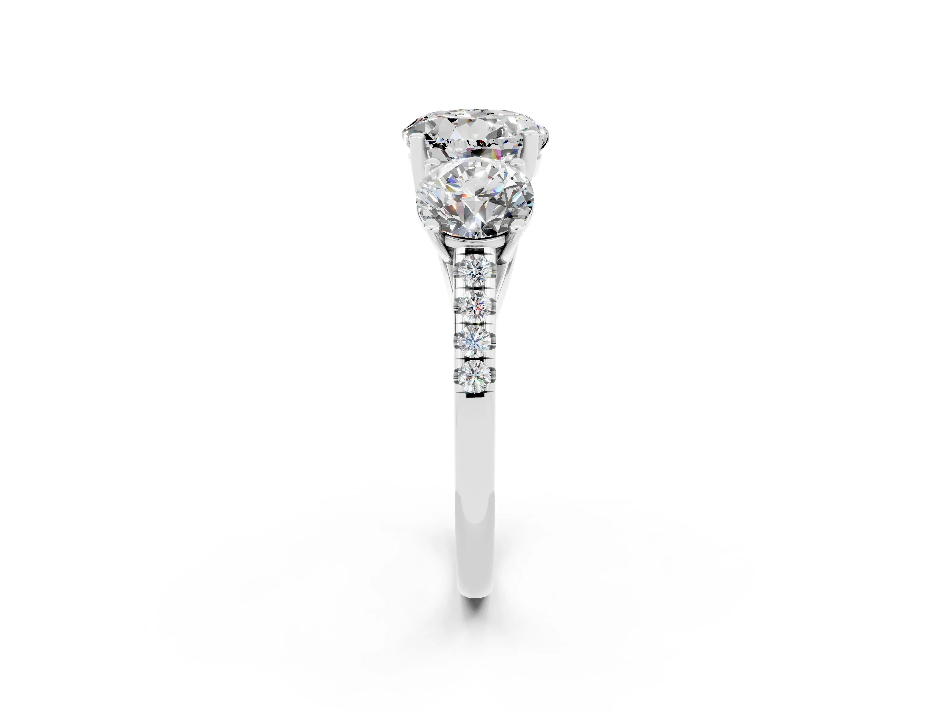 White gold Three-Stone Round Cut Moissanite Ring with Pavé Band and Prong Setting_14