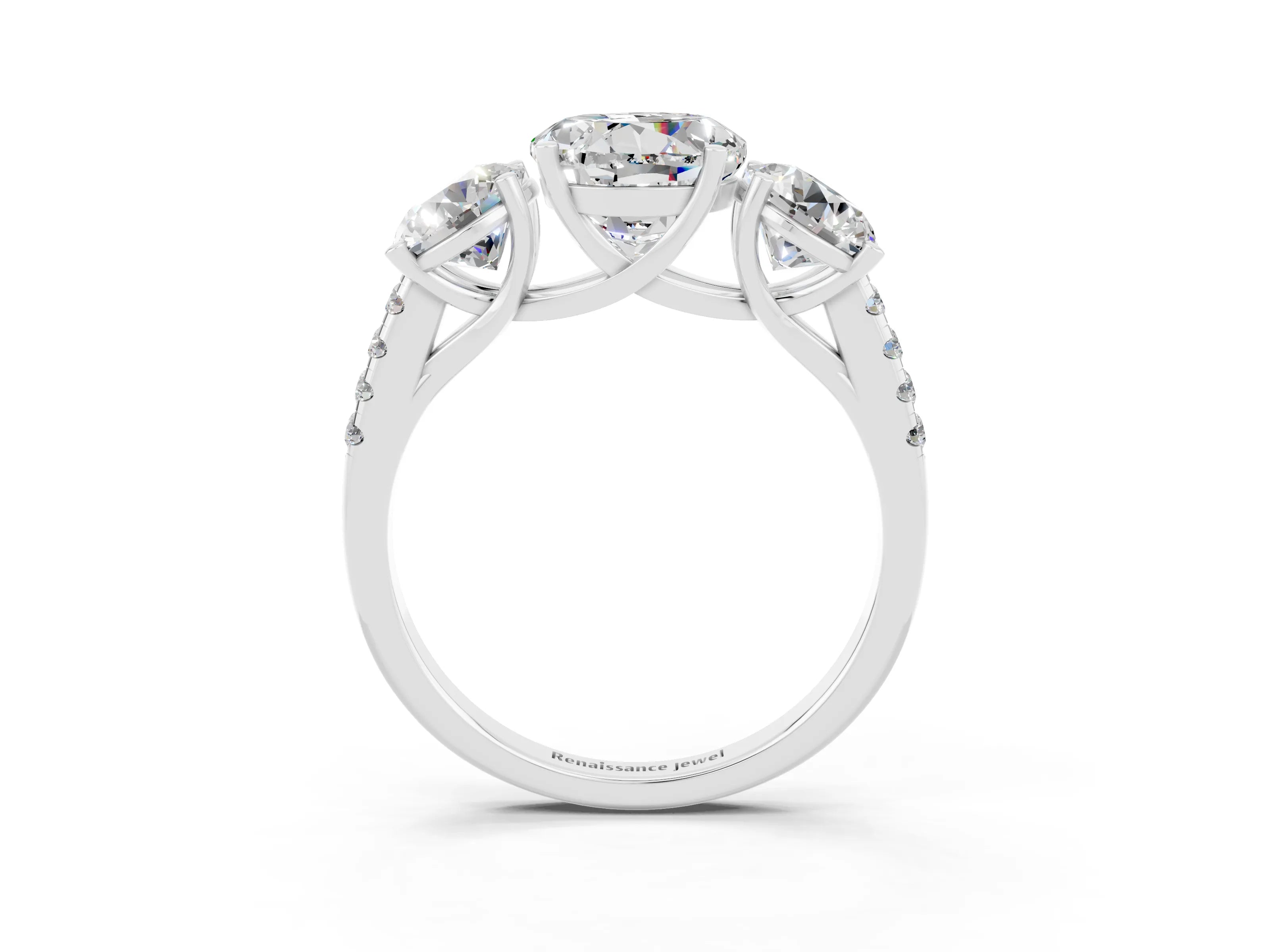 White gold Three-Stone Round Cut Moissanite Ring with Pavé Band and Prong Setting_15