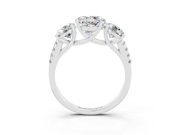 White gold Three-Stone Round Cut Moissanite Ring with Round  Pavé Band and Prong Setting