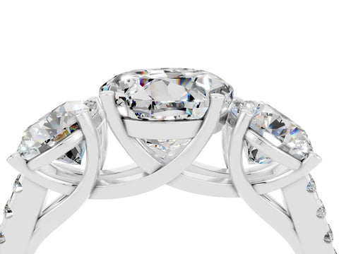 White gold Three-Stone Round Cut Moissanite Ring with Pavé Band and Prong Setting_16