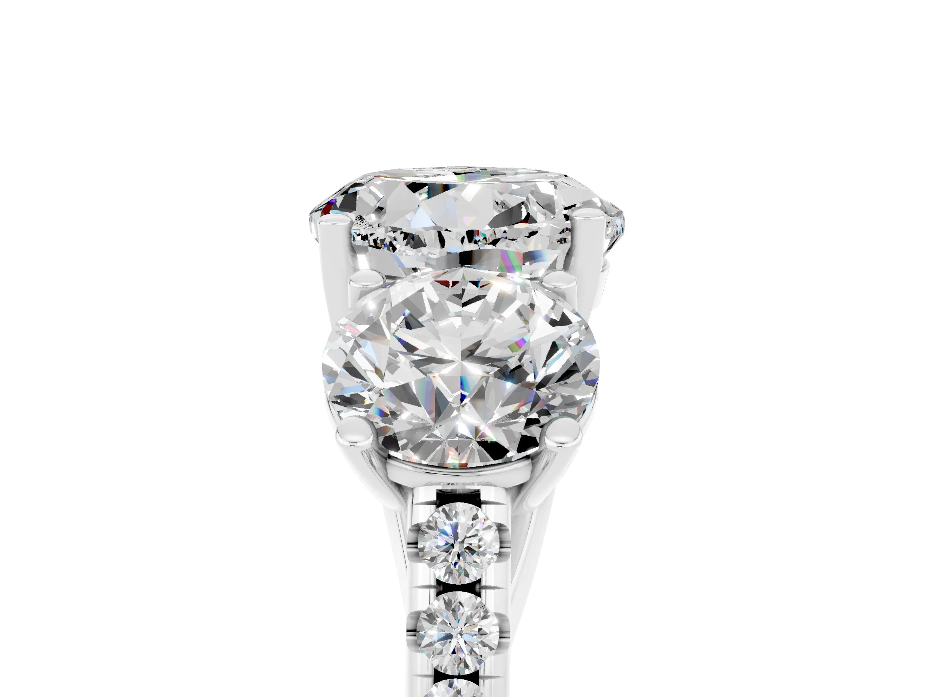 White gold Three-Stone Round Cut Moissanite Ring with Pavé Band and Prong Setting_17