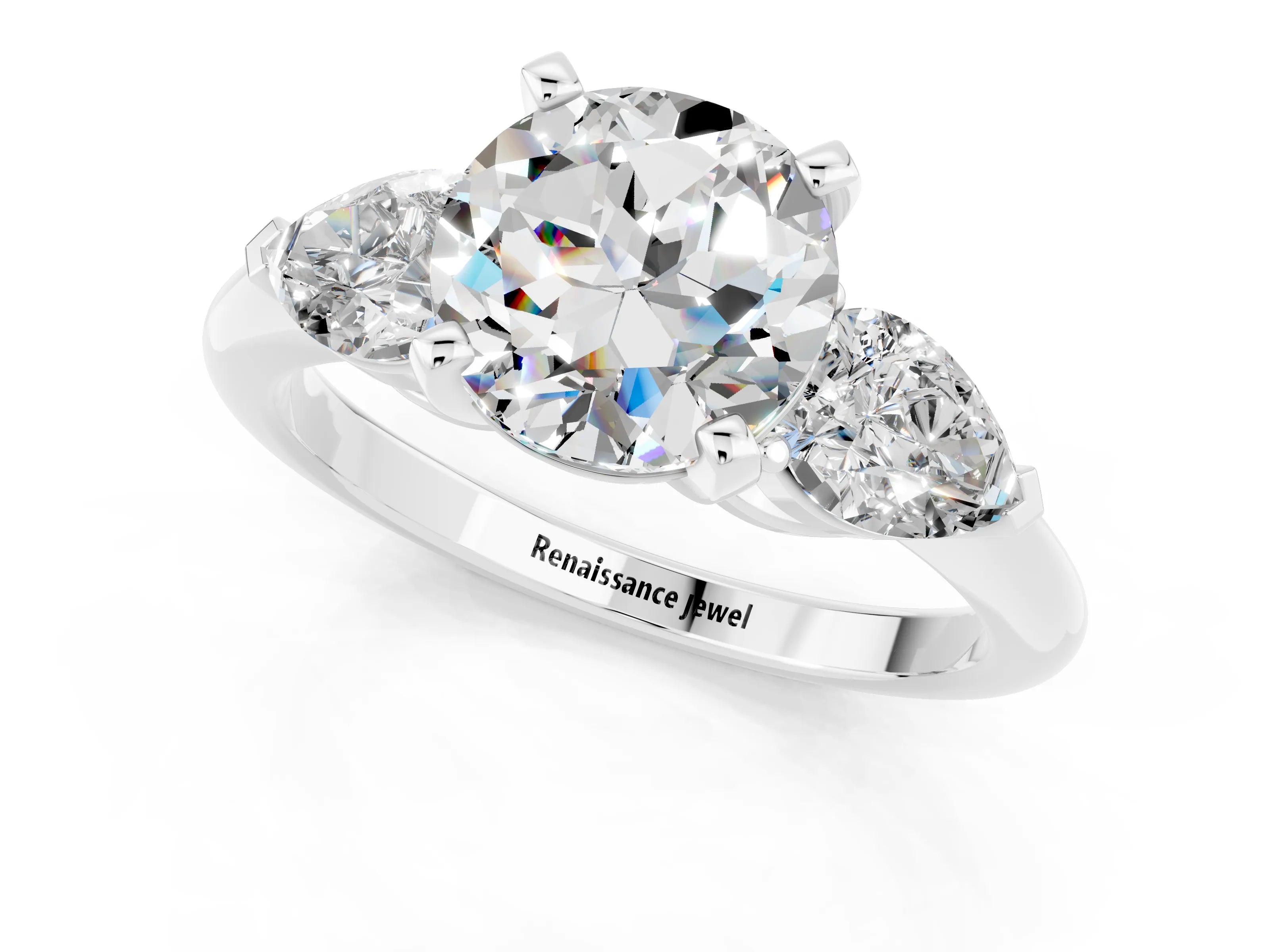 White gold Three-Stone Round Cut Moissanite Ring with Pear Side Stones and Four-Prong Setting_1