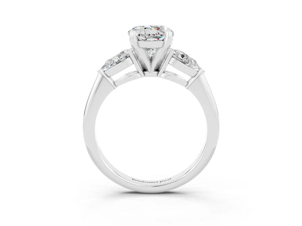Platinum Three-Stone Round Cut Moissanite Ring with Pear Side Stones and Four-Prong Setting