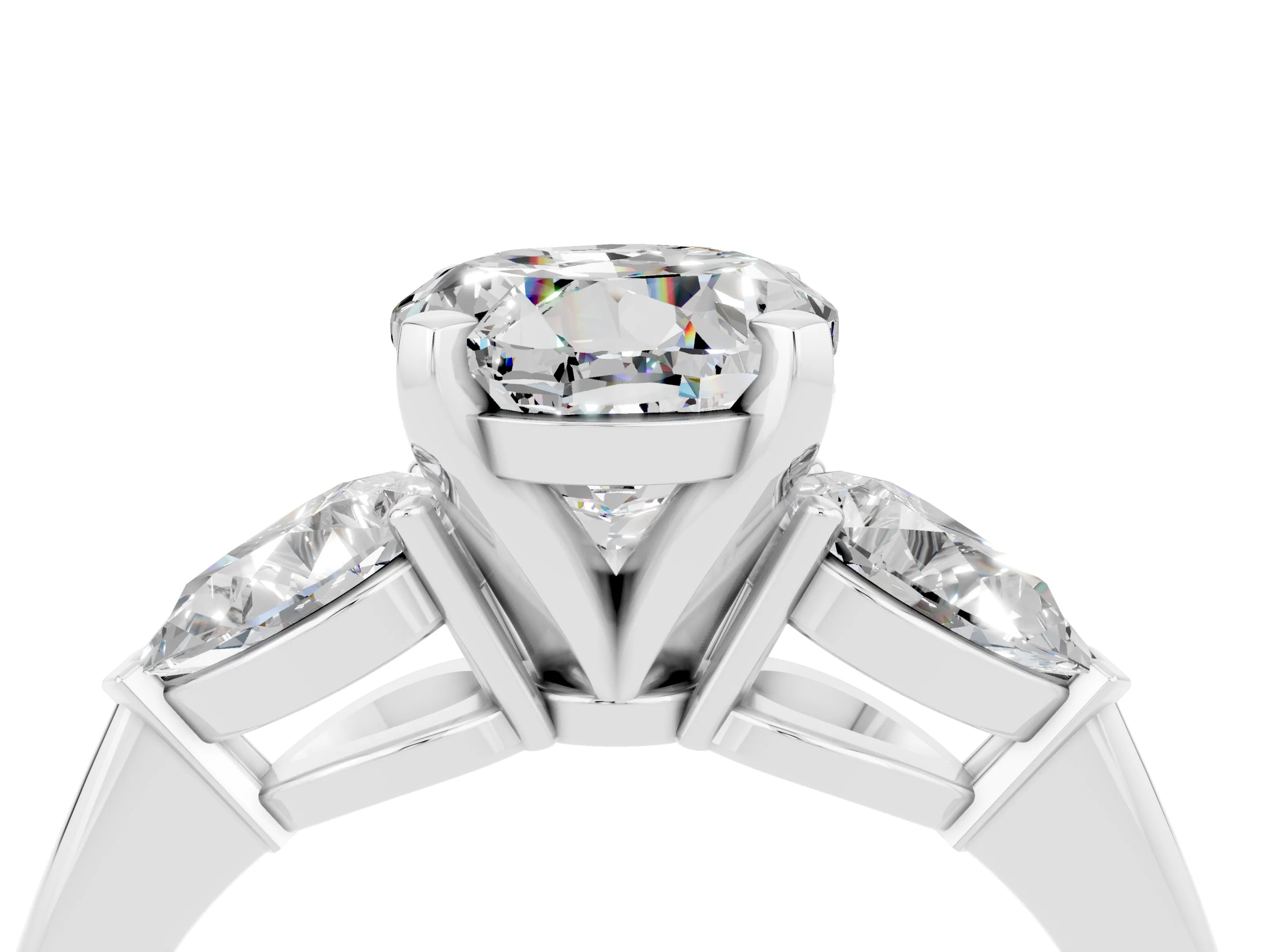 White gold Three-Stone Round Cut Moissanite Ring with Pear Side Stones and Four-Prong Setting_4