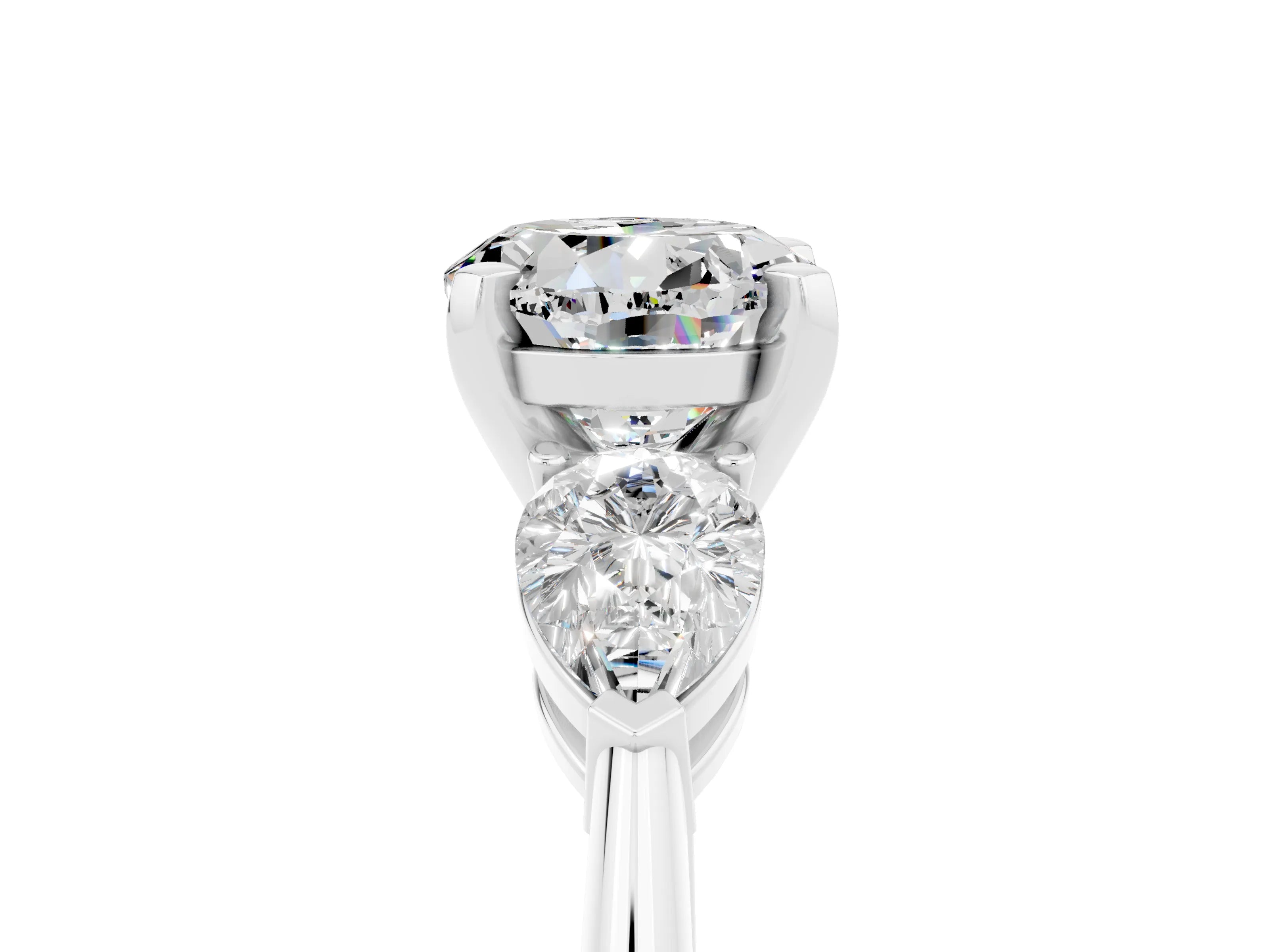 White gold Three-Stone Round Cut Moissanite Ring with Pear Side Stones and Four-Prong Setting_5