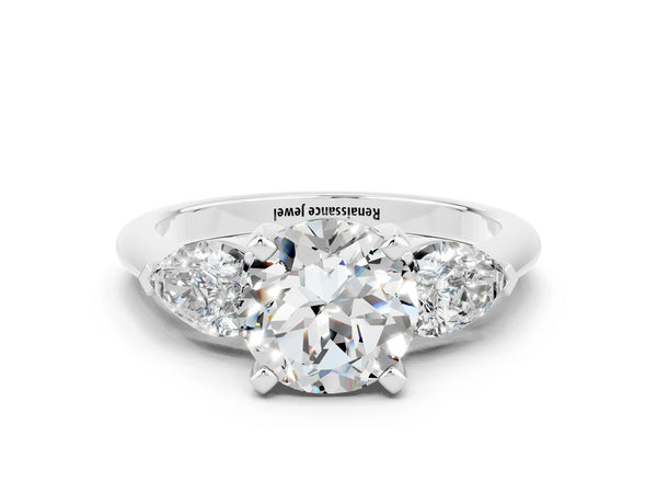 White gold Three-Stone Round Cut Moissanite Ring with Pear Side Stones and Four-Prong Setting