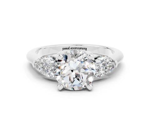 White gold Three-Stone Round Cut Moissanite Ring with Pear Side Stones and Four-Prong Setting