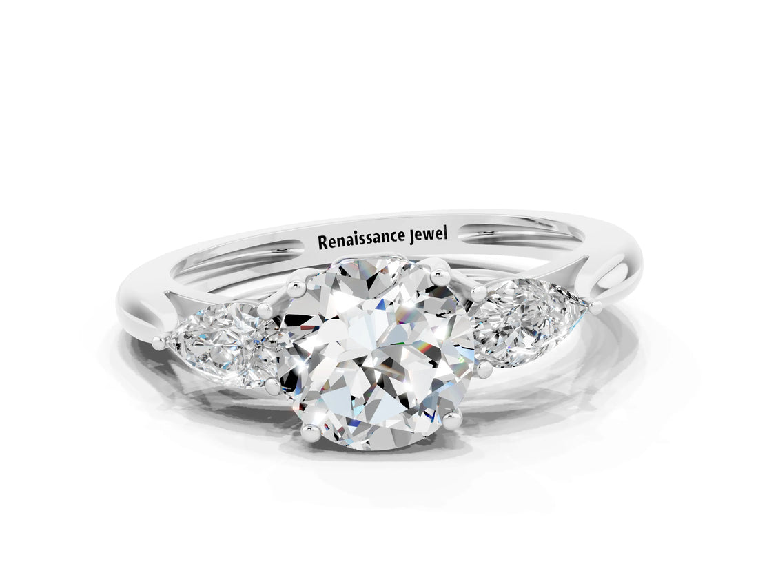 White gold Three-Stone Round Cut Moissanite Ring with Pear  Side Stones in Four-Prong Setting_48