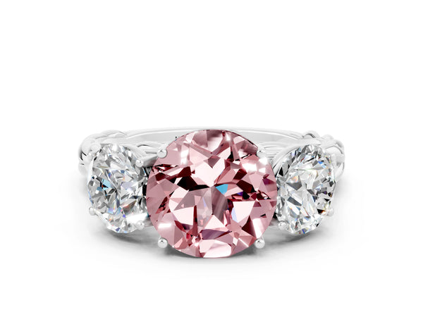 Platinum Three-Stone Round Cut Morganite Braided Band Ring with Four-Prong Setting
