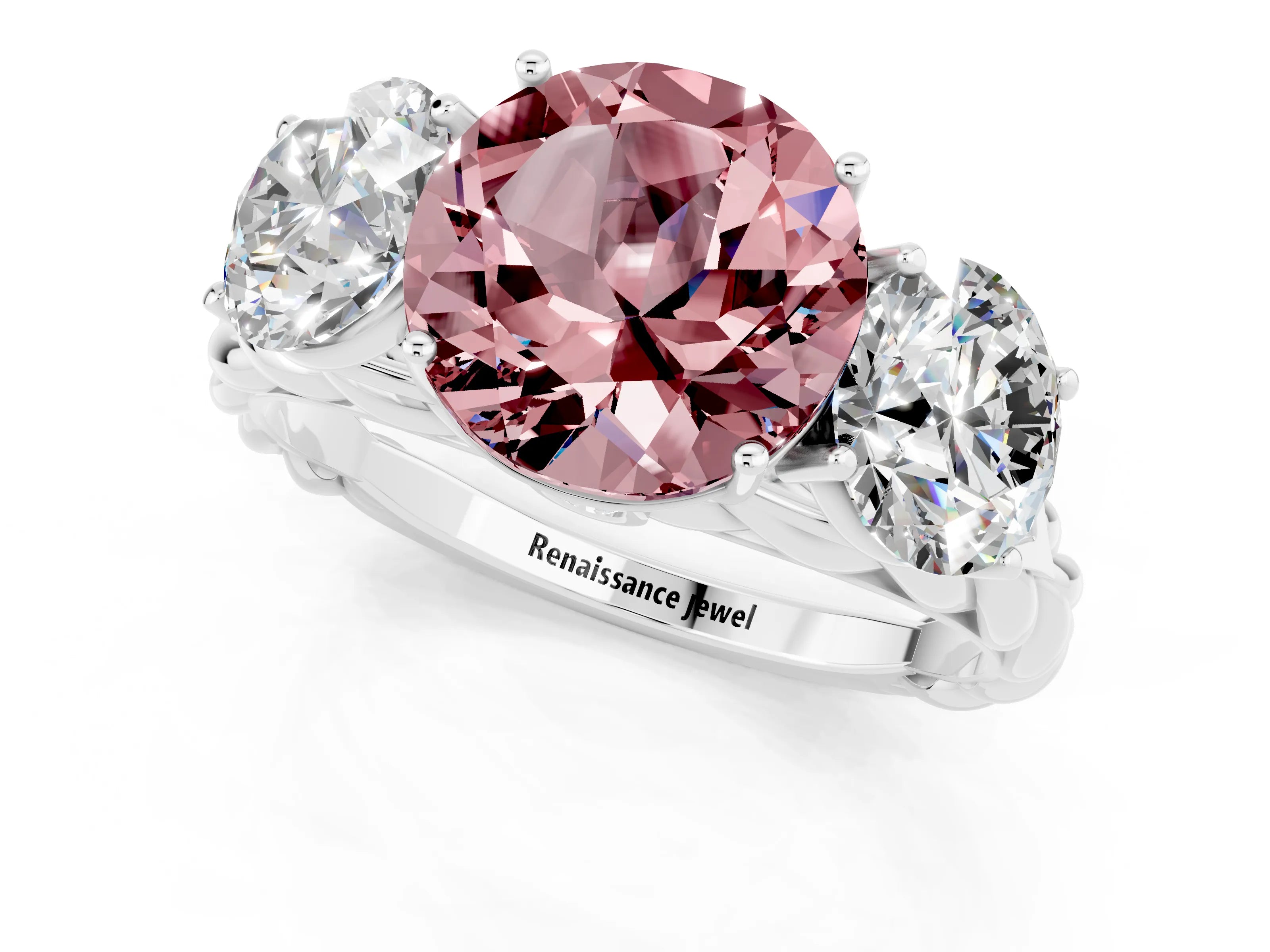 White gold Three-Stone Round Cut Morganite Braided Band Ring with Four-Prong Setting_13