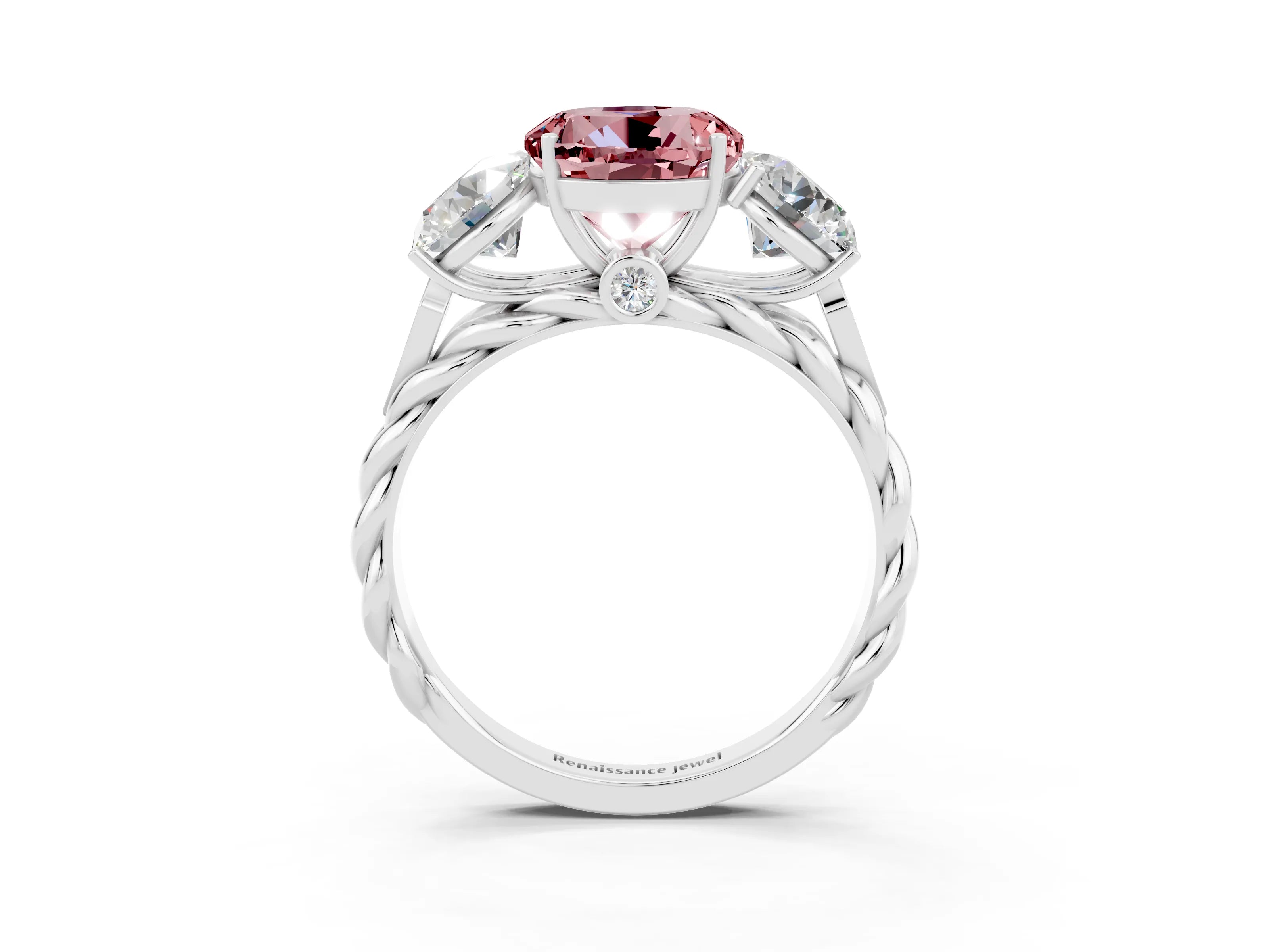 White gold Three-Stone Round Cut Morganite Braided Band Ring with Four-Prong Setting_15