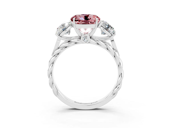 Silver Three-Stone Round Cut Morganite Braided Band Ring with Four-Prong Setting