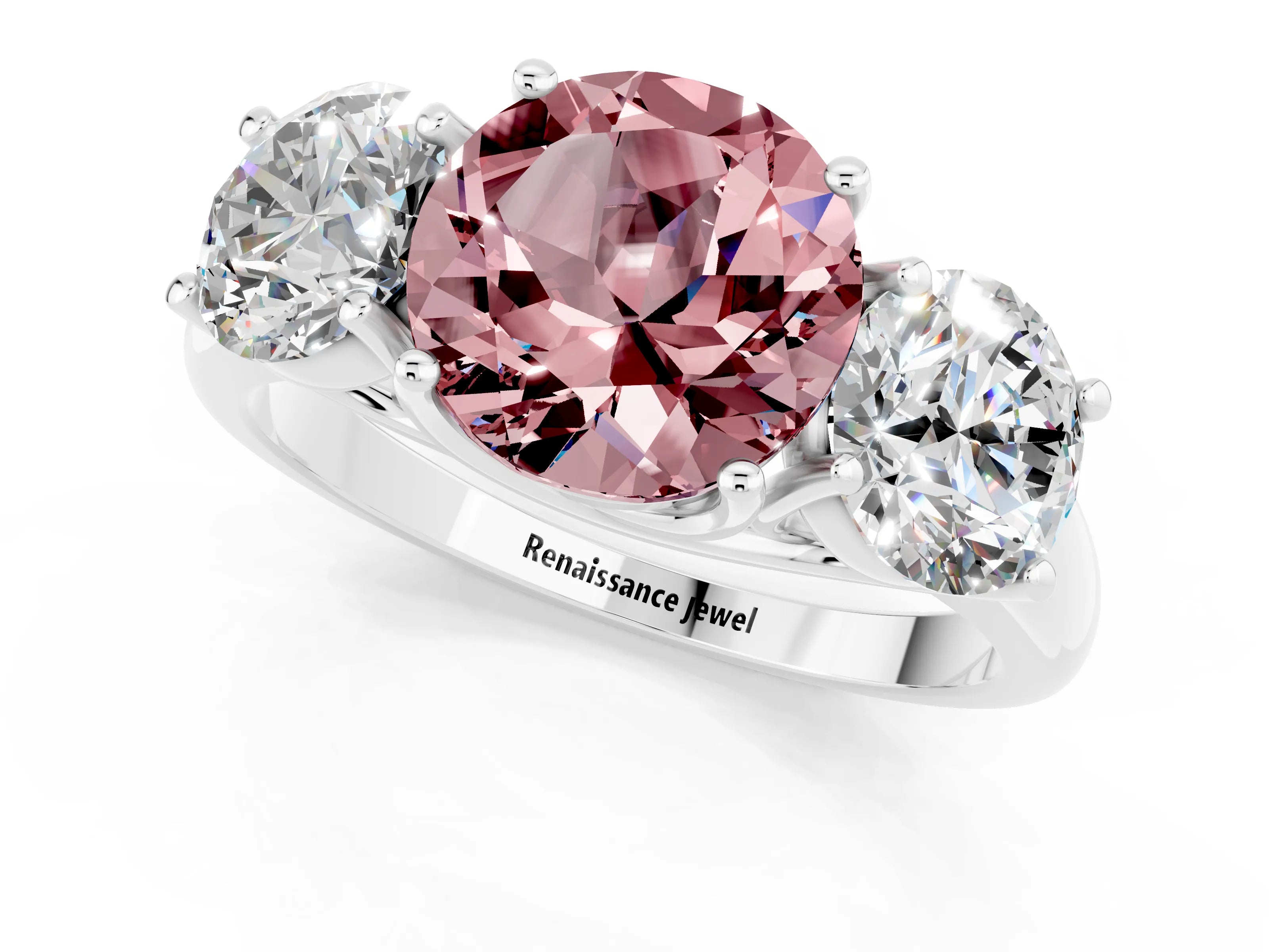 White gold Three-Stone Round Cut Morganite Engagement Ring with Prong Setting_1