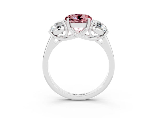 Silver Three-Stone Round Cut Morganite Engagement Ring with Prong Setting