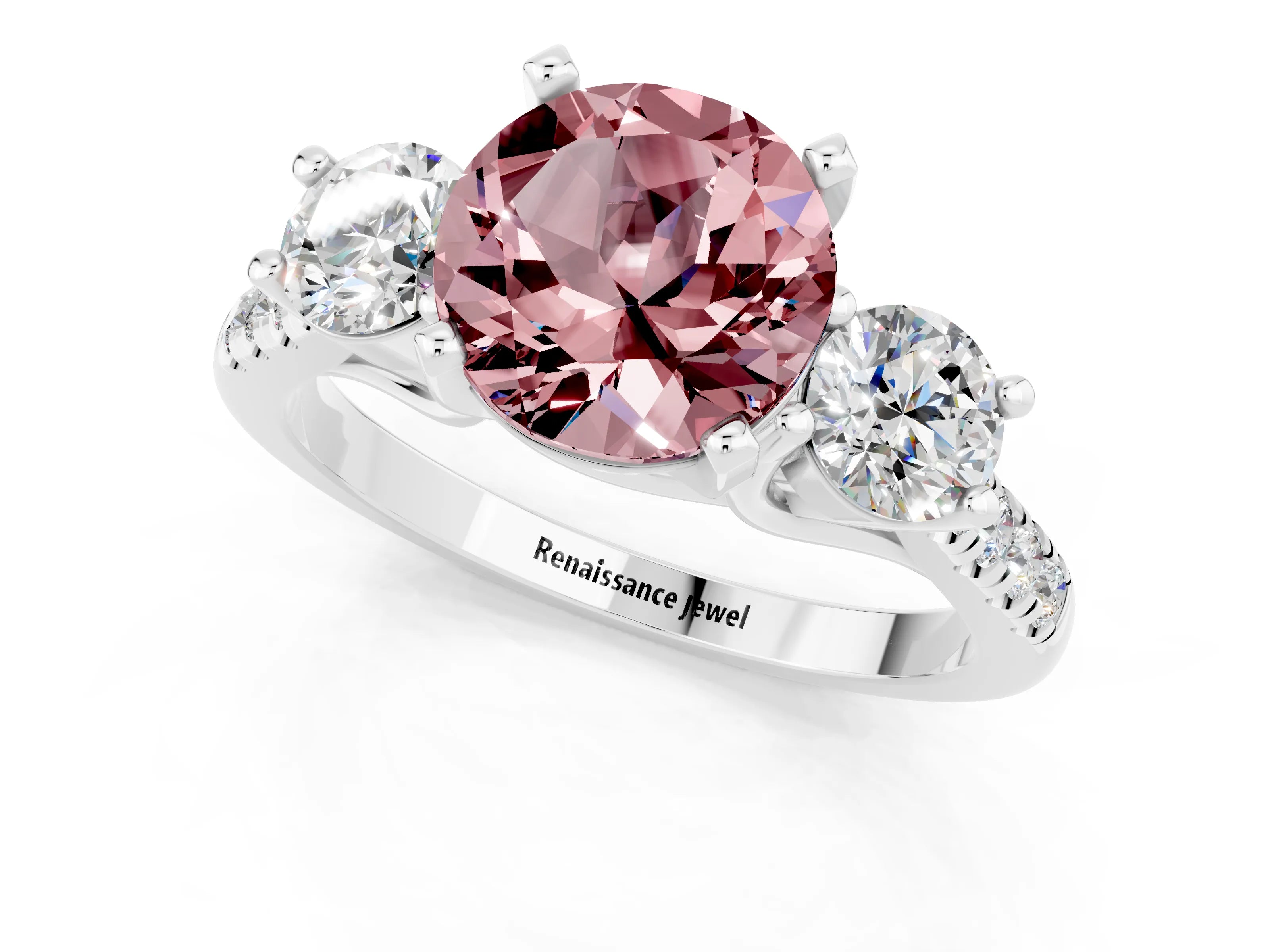 White gold Three-Stone Round Cut Morganite Pavé Band with Four-Prong Setting_1