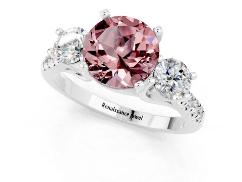 White gold Three-Stone Round Cut Morganite Pavé Band with Four-Prong Setting_1